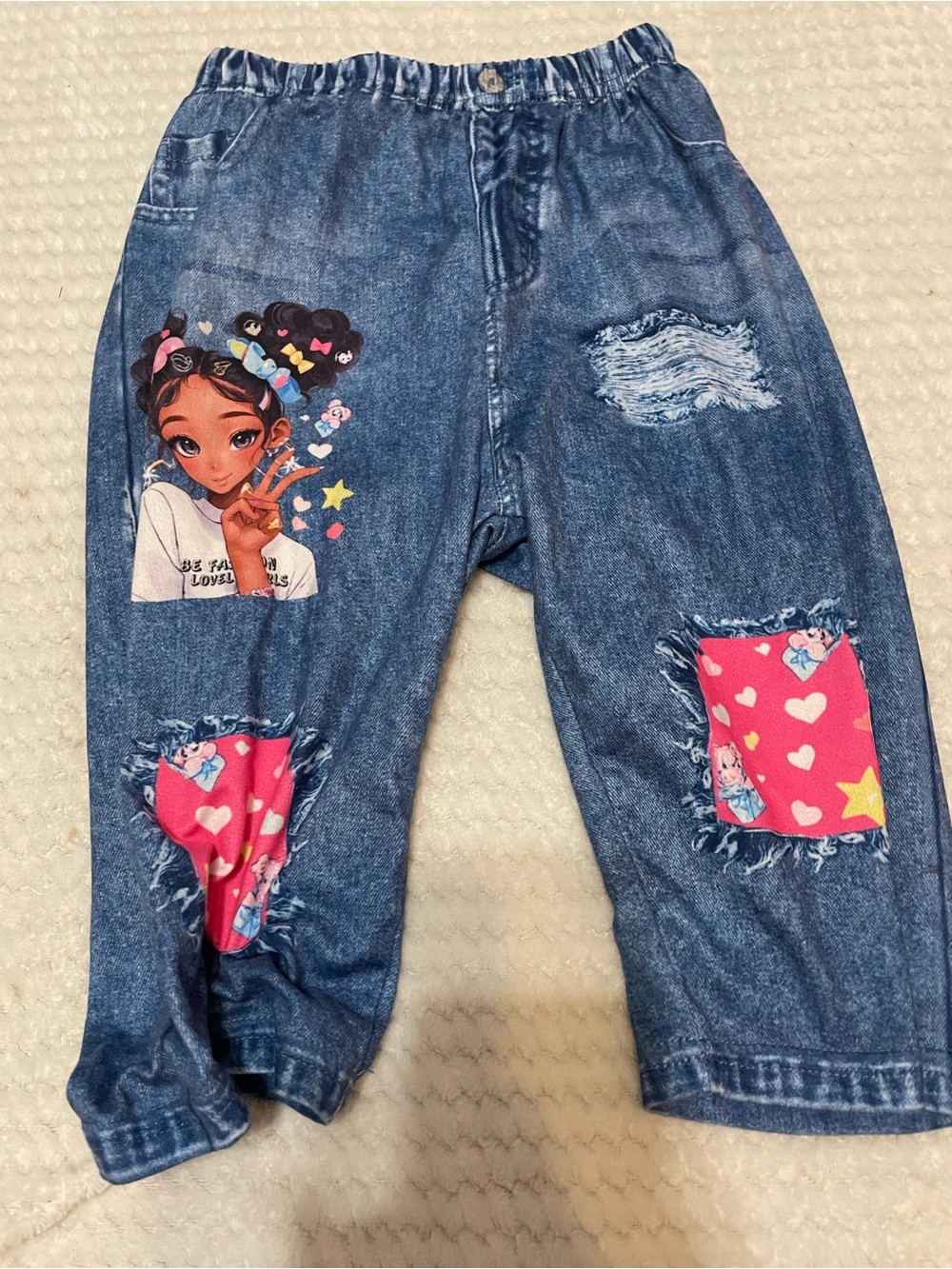 Girls Denim-Style Jogger Pants with Pink Patch Accents